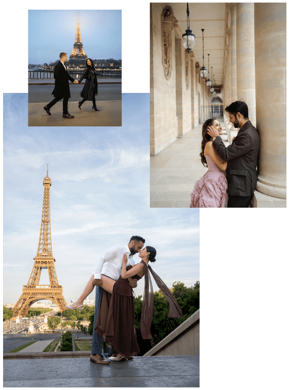 Collage preview of romantic couples photoshoots in Paris featuring portrait sessions at the Eiffel Tower and Palais Royal.