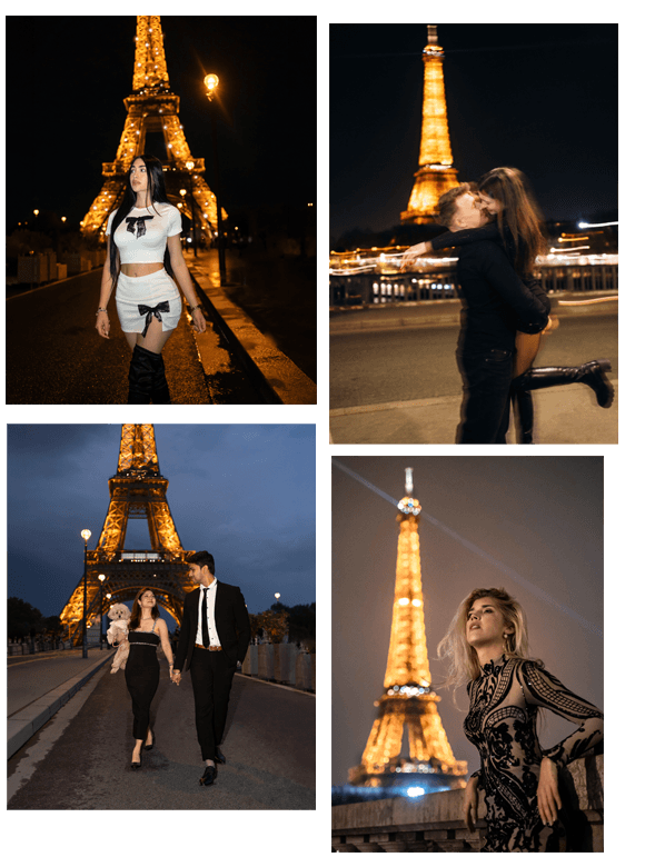 Night photo session in Paris with the eiffel tower in the background